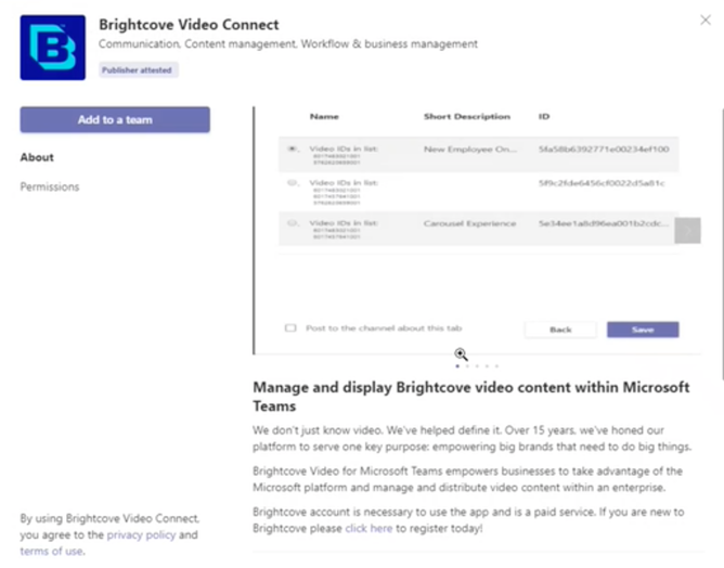 Détails de l'application Brightcove